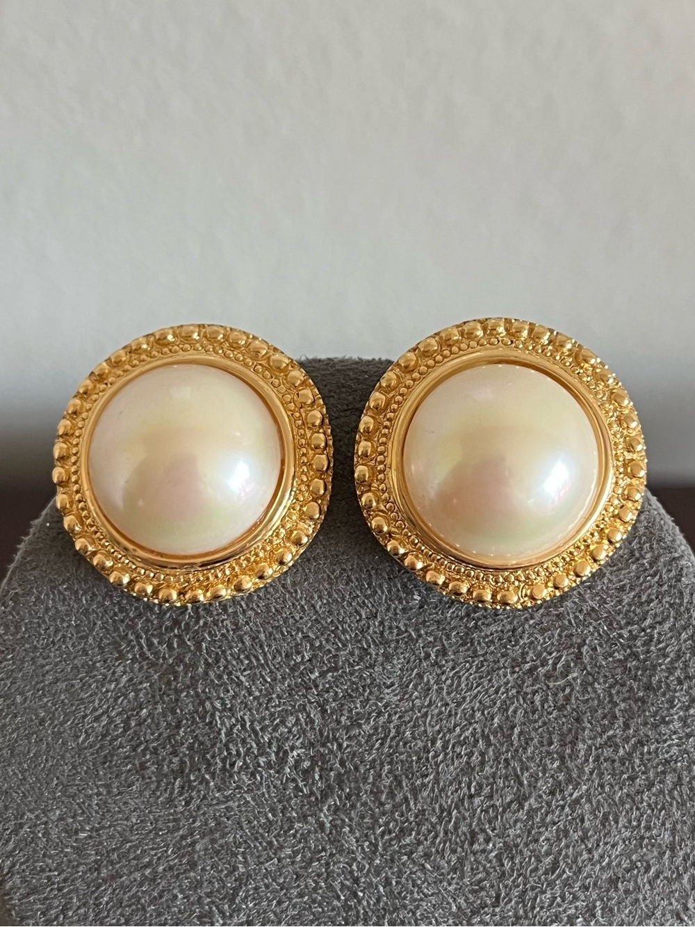 Authentic Vintage Classic Round Pearl Cabochon Dotted Texture Gold Clip Earrings